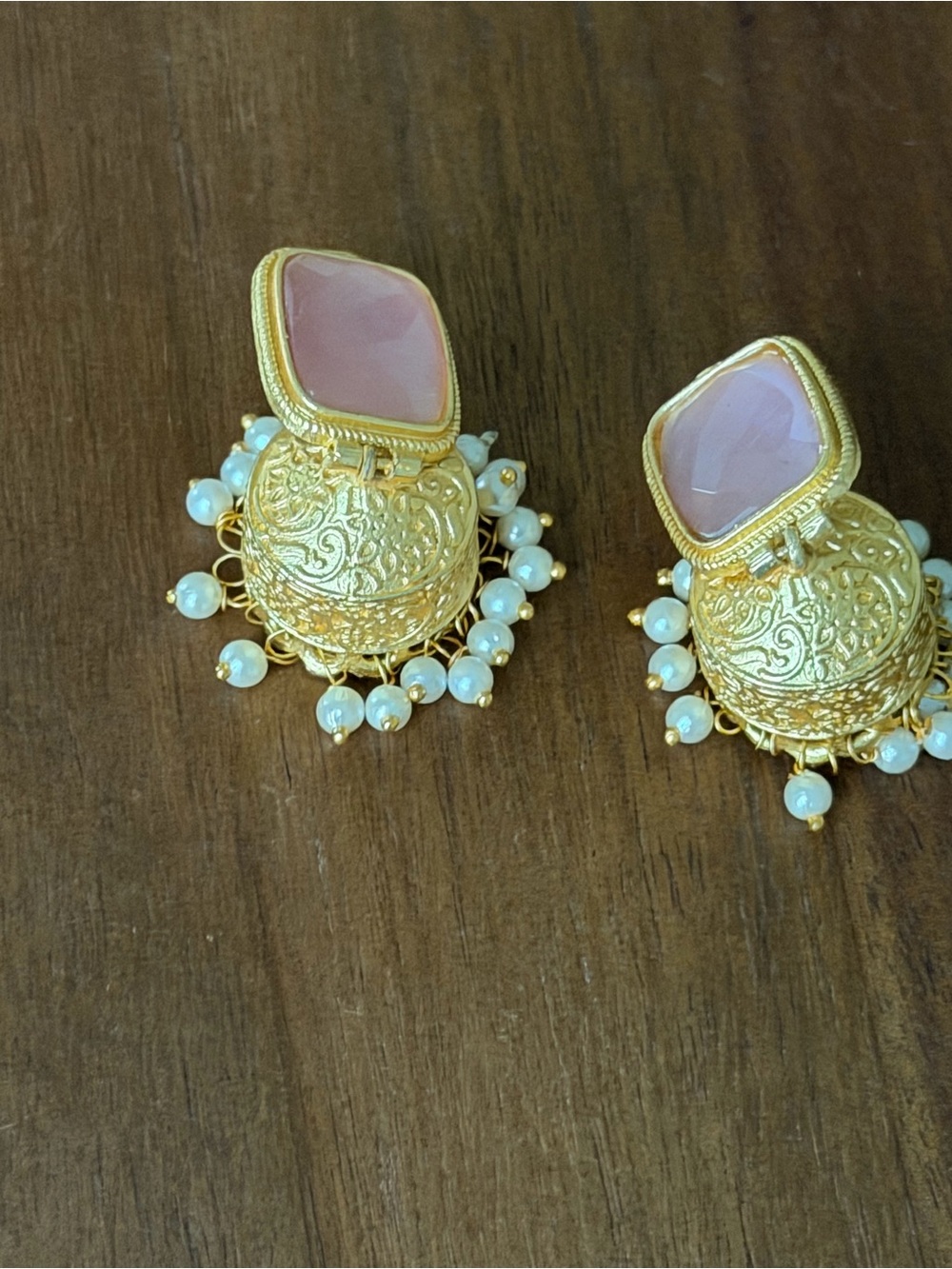 Gold-Tone Pink Stone Jhumka Earrings with Pearl Fringe